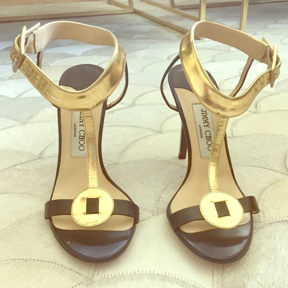 LIKE NEW Jimmy Choo Black & Gold T-Strap Heels
